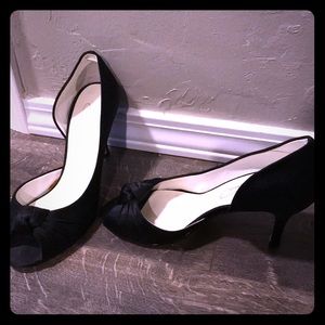 Black satin open toe heels